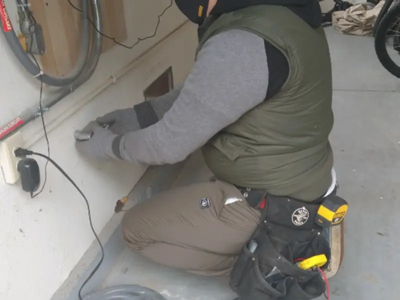 Electrician performing outlet wiring in a Thomasville garage